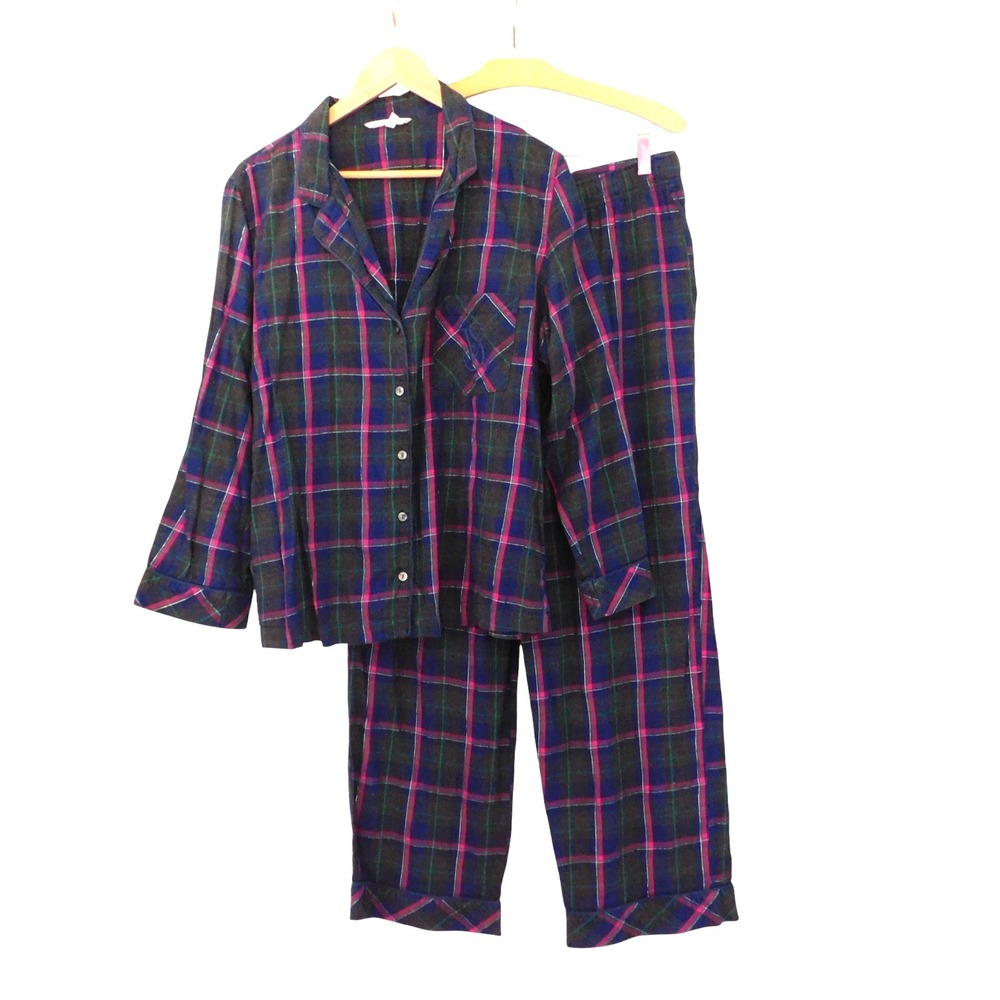 Victoria's Secret Flannel Plaid Pajama Set Gray Pink Plaid Metallic Sz Large
